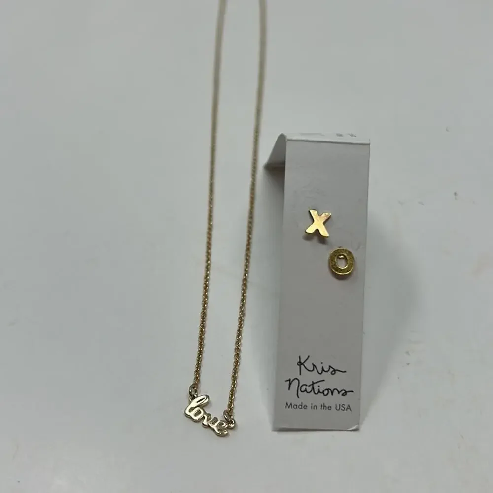 Kris Nations 2 Pc Gold Tone LOVE Necklace & Earrings NWT  Size 16-18 inches